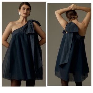 NWT Anthropologie Pilcro One-Shoulder Bow Tulle Denim Mini Dress Sz L